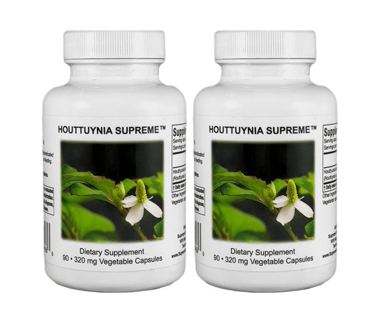 Supreme Nutrition Houttuynia Supreme bottle close-up shows pure leaf capsules for daily use