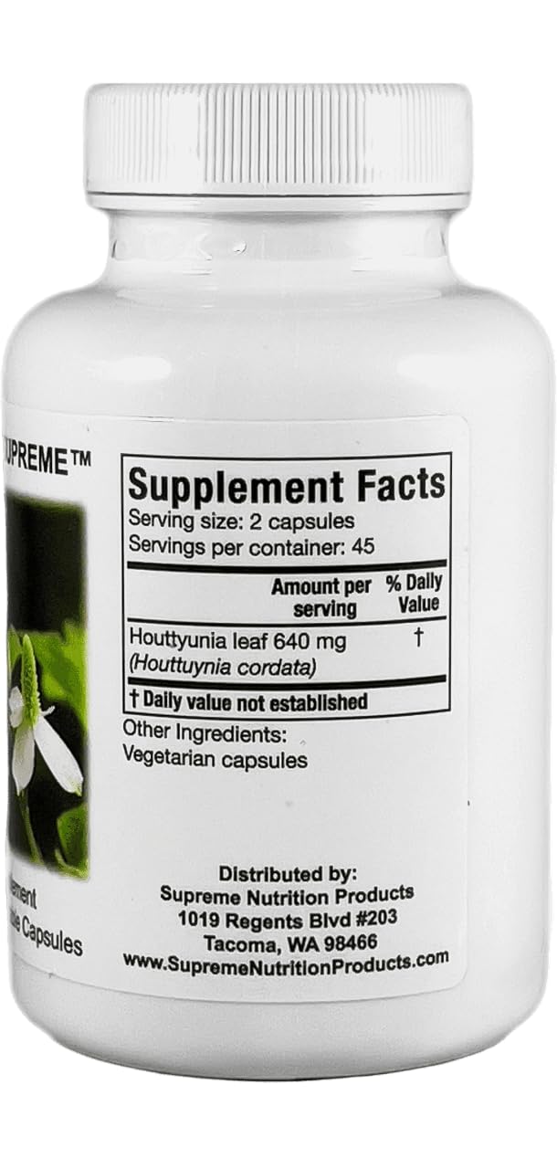 Supreme Nutrition Houttuynia Supreme label detail indicates 100% pure houttuynia leaf