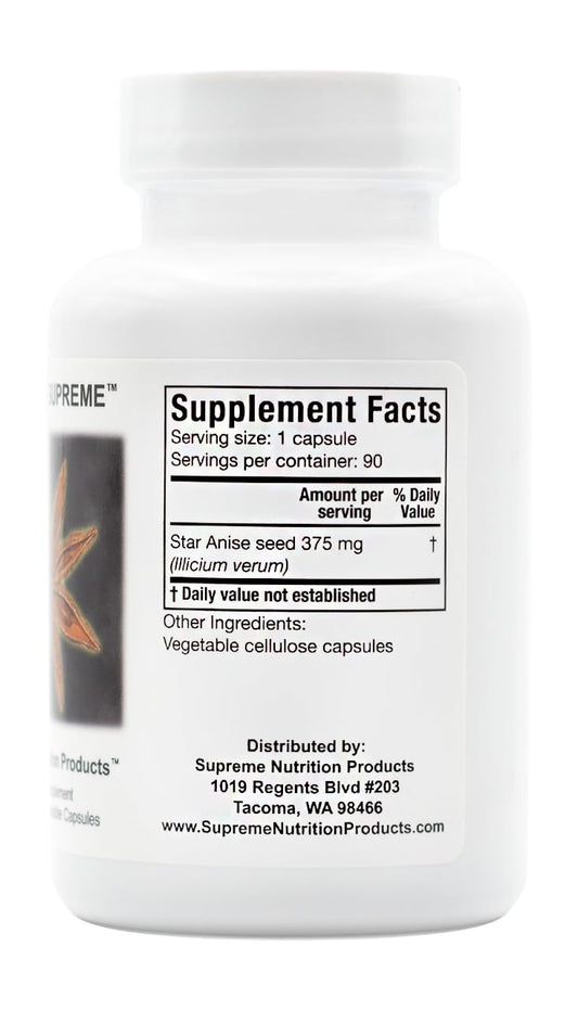 Supreme Nutrition Illicium bottle label highlights purity and manufacturing standards.