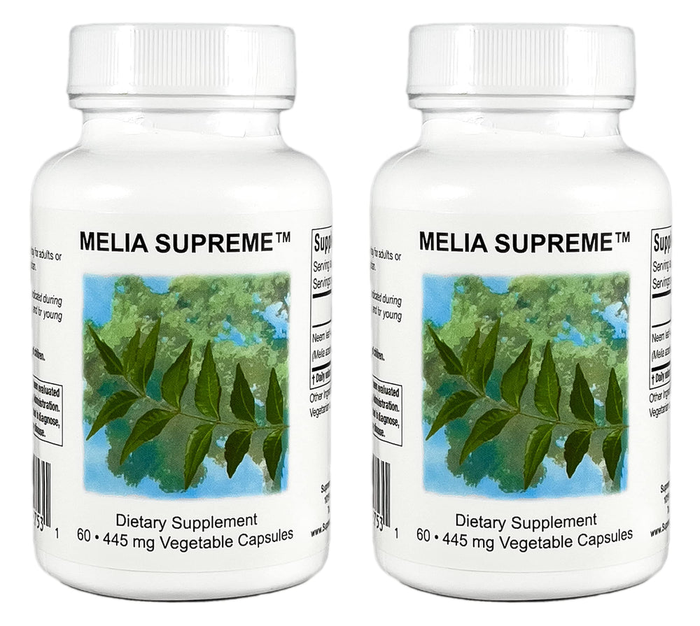 Supreme Nutrition Melia Supreme Neem bottle front, convenient daily vegetarian capsules.