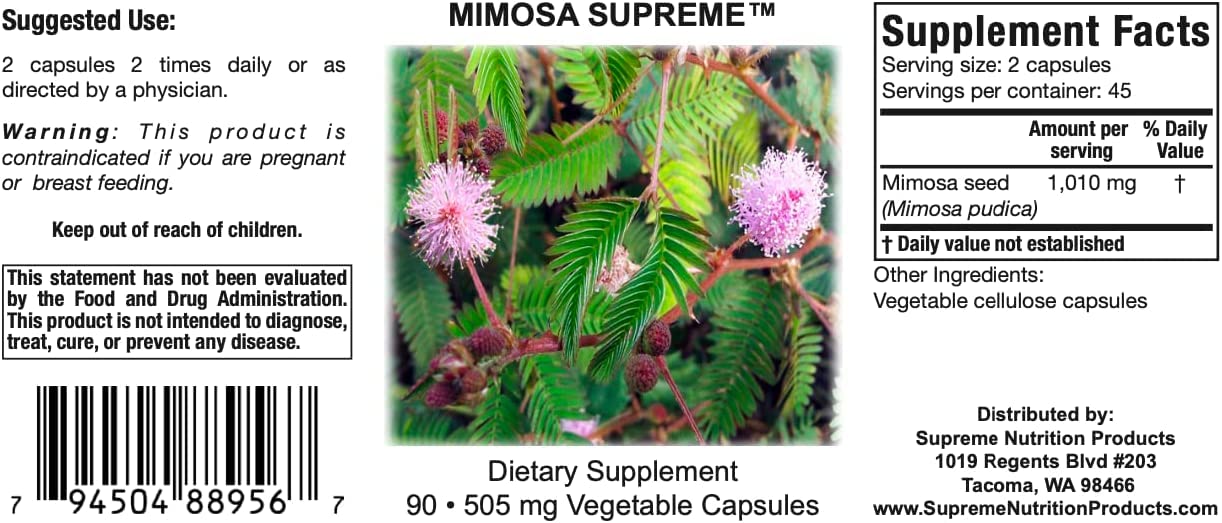 Supreme Nutrition Mimosa Supreme capsules presented as a pure herbal formula for easy use