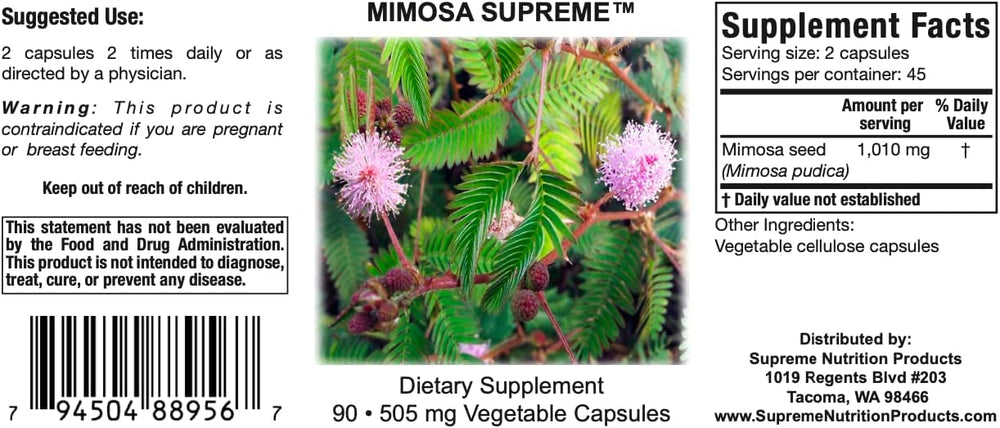 Supreme Nutrition Mimosa Supreme capsules presented as a pure herbal formula for easy use
