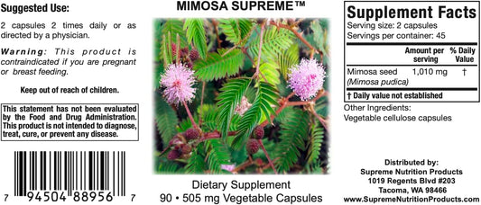 Supreme Nutrition Mimosa Supreme capsules presented as a pure herbal formula for easy use