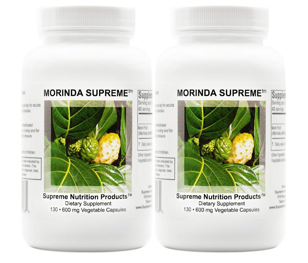 Supreme Nutrition Morinda Supreme capsules bottle front with label highlighting 100% noni