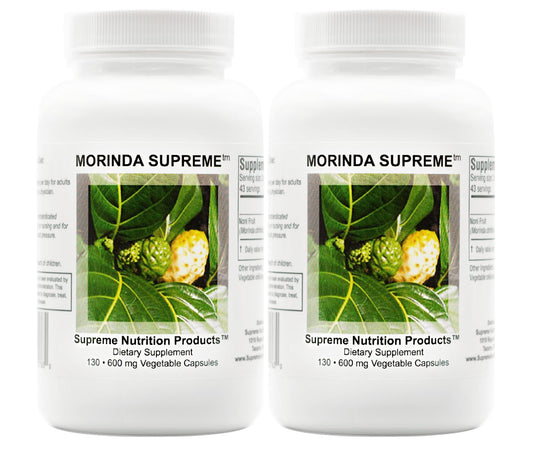 Supreme Nutrition Morinda Supreme capsules bottle front with label highlighting 100% noni