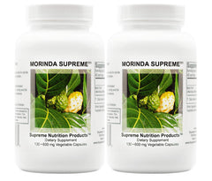 Supreme Nutrition Morinda Supreme capsules bottle front with label highlighting 100% noni