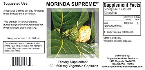 Supreme Nutrition Morinda Supreme capsules closeup, pure herbal formula with no additives