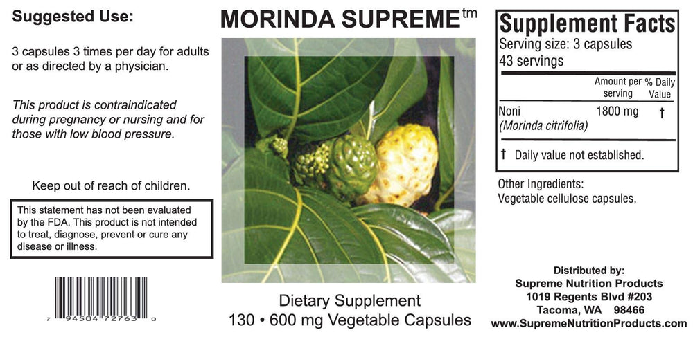 Morinda Supreme capsules being poured, illustrating easy daily use