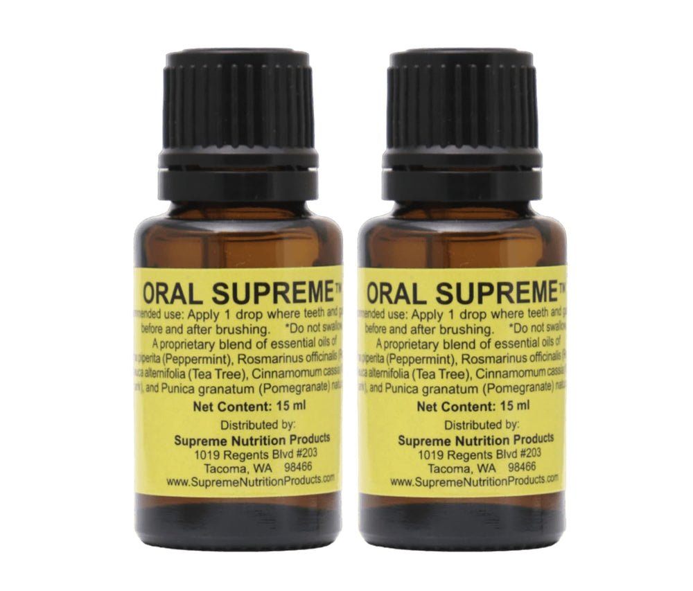 Supreme Nutrition front packaging showing twin 15 ml bottles and label benefits