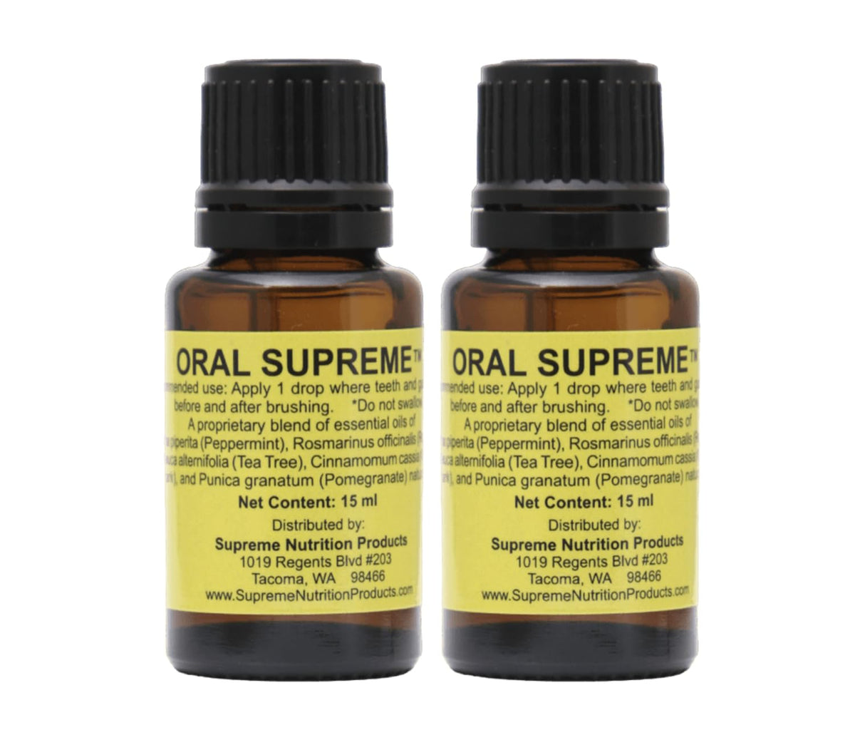 Supreme Nutrition front packaging showing twin 15 ml bottles and label benefits