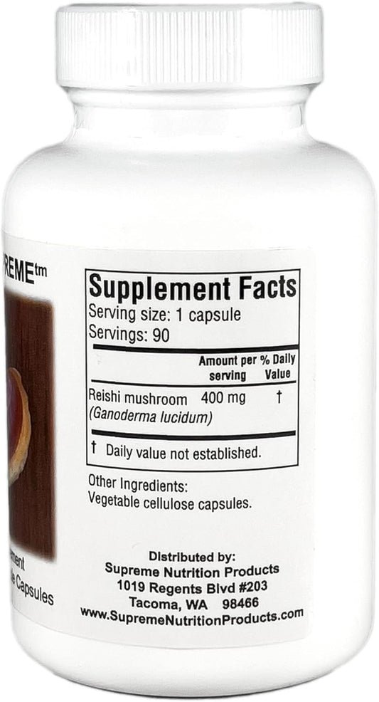 Supreme Nutrition Reishi Supreme bottle back label highlights purity and quality
