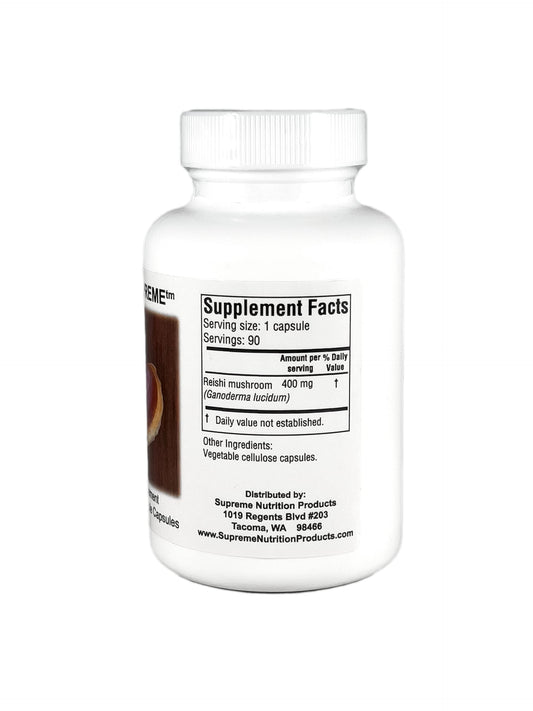 Supreme Nutrition Reishi Supreme capsules close-up showing pure mushroom form for daily use.
