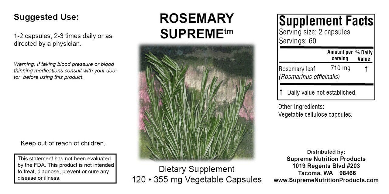 Rosemary Supreme bottle label highlights 100% pure rosemary leaf quality.