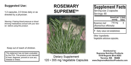 Rosemary Supreme bottle label highlights 100% pure rosemary leaf quality.