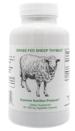 Supreme Nutrition Sheep Thymus bottle label close-up, highlighting 100% grass-fed origin