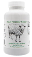 Supreme Nutrition Sheep Thymus bottle label close-up, highlighting 100% grass-fed origin