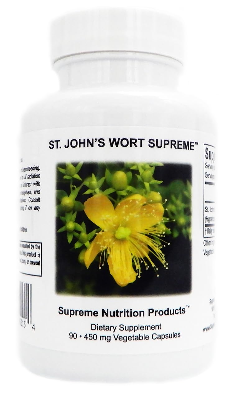 Supreme Nutrition St. John's Wort Supreme bottle showcasing pure herbal supplement.