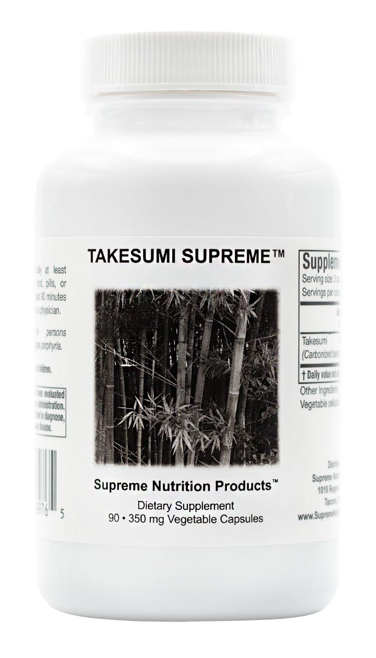 Supreme Nutrition Takesumi Supreme bamboo charcoal capsules in bottle, emphasizing purity and quality.