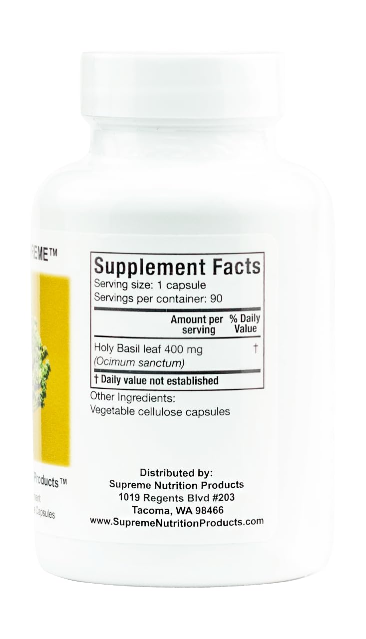 Back view of Tulsi Supreme bottle highlighting purity and quality packaging