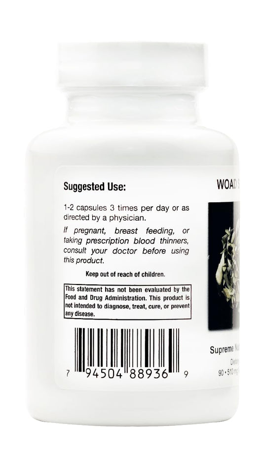 Close-up of Woad Supreme capsules showing vegetarian, pure herbal capsules