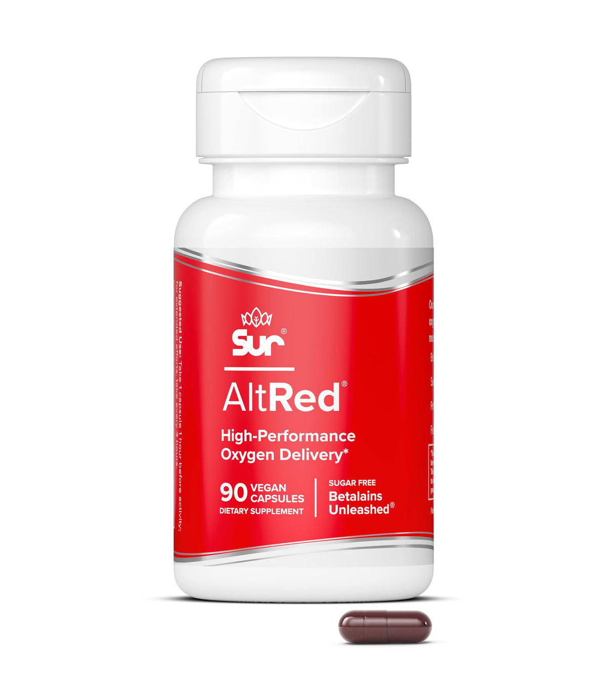Sur AltRed bottle closeup showing beet root capsules ready for training and endurance sessions.