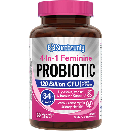 Surebounty Probiotics for Women bottle front shows high-potency formula for daily wellness.