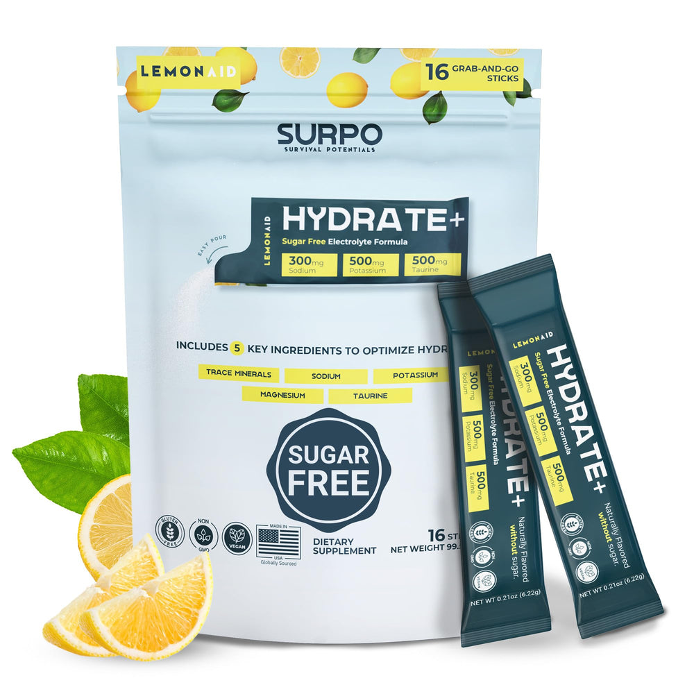 SURPO Lemon-Aid electrolyte packets dissolve quickly for on-the-go hydration.