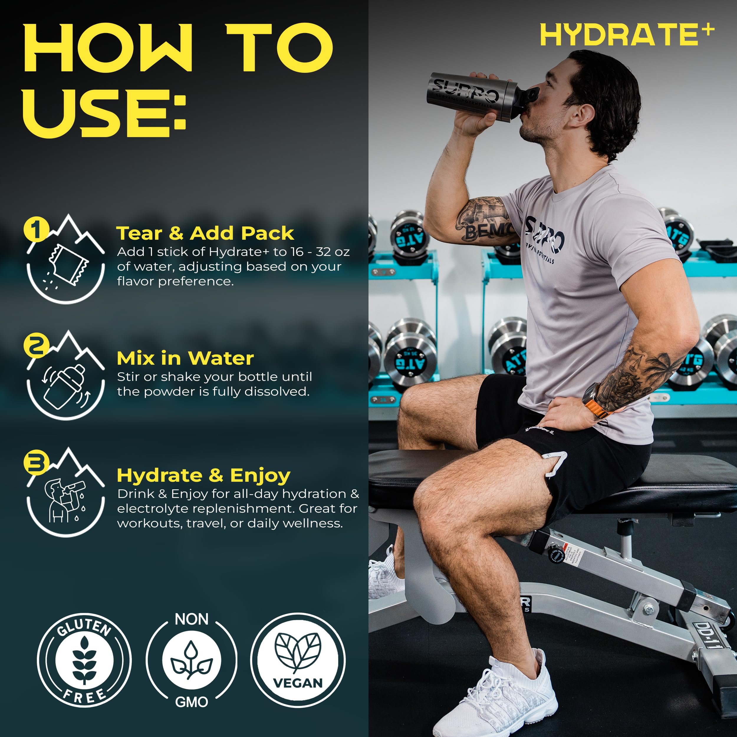 SURPO vegan, gluten-free electrolyte powder supports balanced hydration.