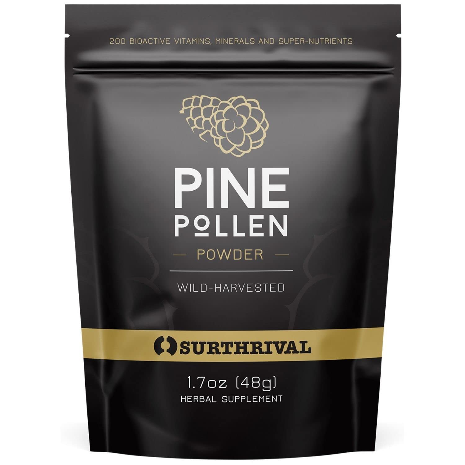 Surthrival Pine Pollen Powder jar highlights forest-sourced nutrient boost for daily vitality.