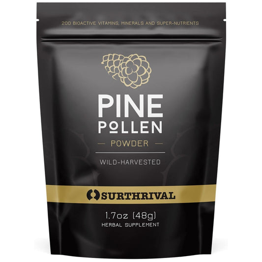 Surthrival Pine Pollen Powder jar highlights forest-sourced nutrient boost for daily vitality.
