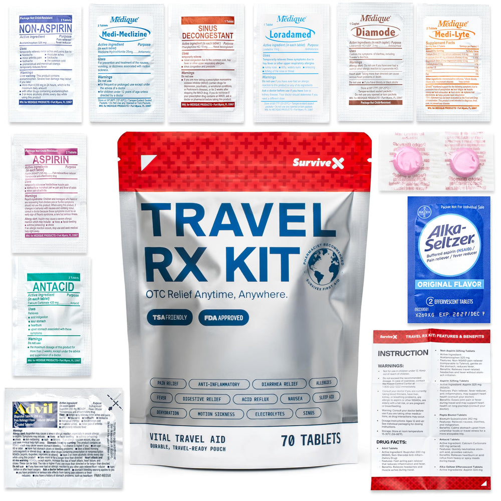 SurviveX compact travel medicine kit for on-the-go relief and organization.