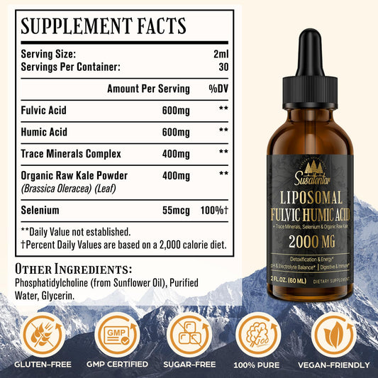 Pouring Susatentar fulvic acid bottle to illustrate liquid supplement use.