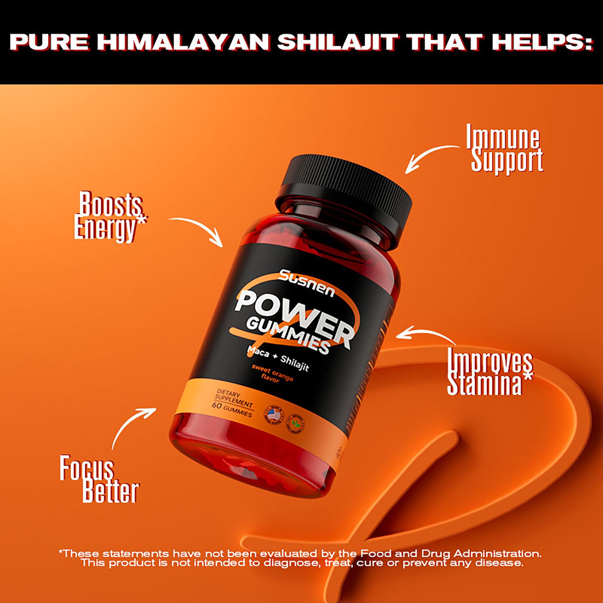 Susnen Power Gummies ingredient table featuring maca and shilajit benefits.