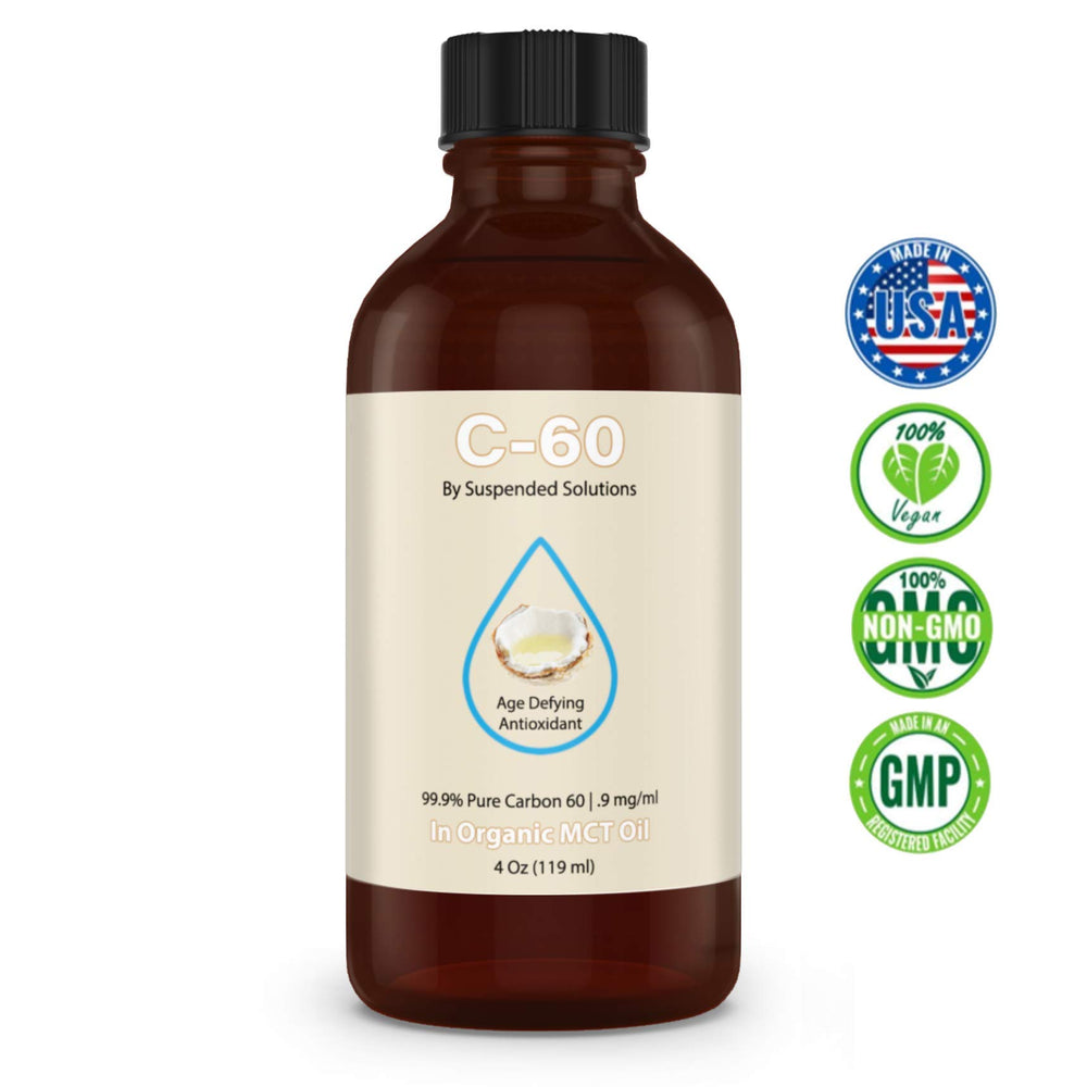 Suspended Solutions C-60 MCT bottle label closeup highlighting solvent-free high purity carbon 60