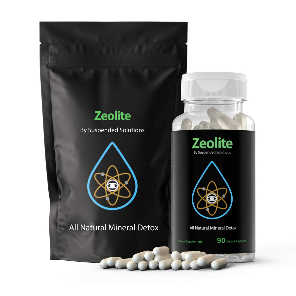 Suspended Solutions zeolite clinoptilolite bottle front highlights a natural detox option for daily wellness.