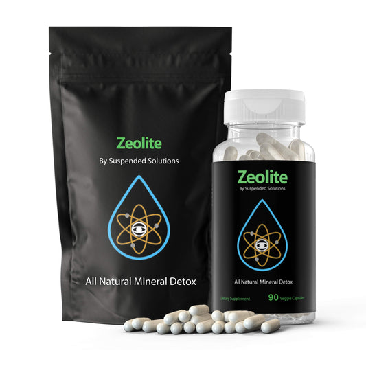 Suspended Solutions zeolite clinoptilolite bottle front highlights a natural detox option for daily wellness.