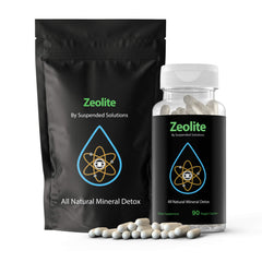 Suspended Solutions zeolite clinoptilolite bottle front highlights a natural detox option for daily wellness.