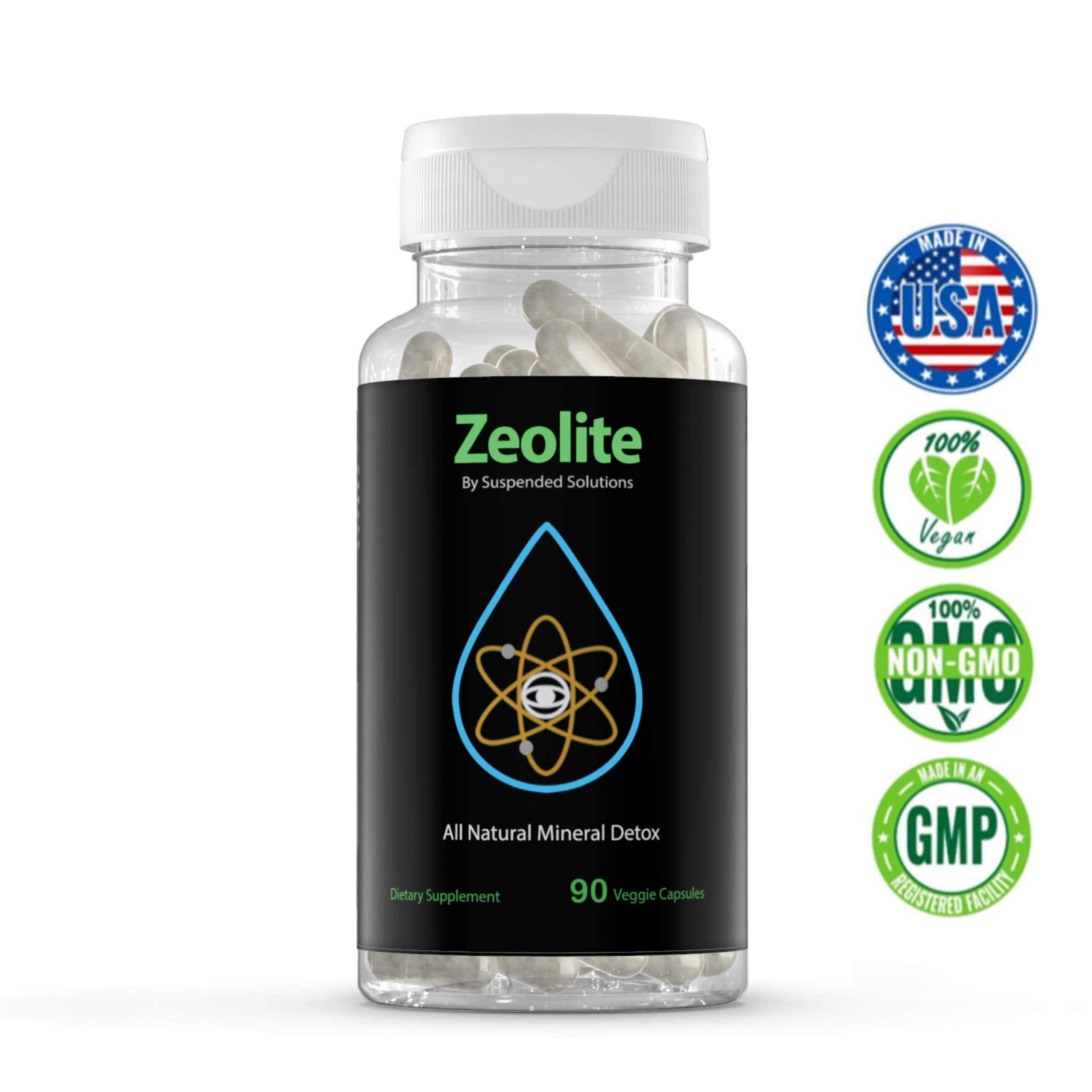 Suspended Solutions zeolite clinoptilolite label close-up emphasizes responsibly mined ingredients for gut balance support.