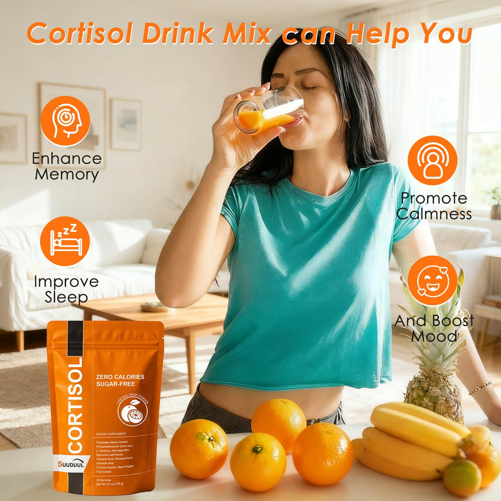 SUUDUUL Cortisol Drink with Ashwagandha and L-Theanine ingredients; supports relaxed concentration.