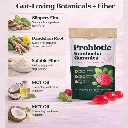 SUUDUUL Probiotic Kombucha Gummies berry flavor closeup highlighting tasty, convenient use.