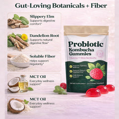 SUUDUUL Probiotic Kombucha Gummies berry flavor closeup highlighting tasty, convenient use.