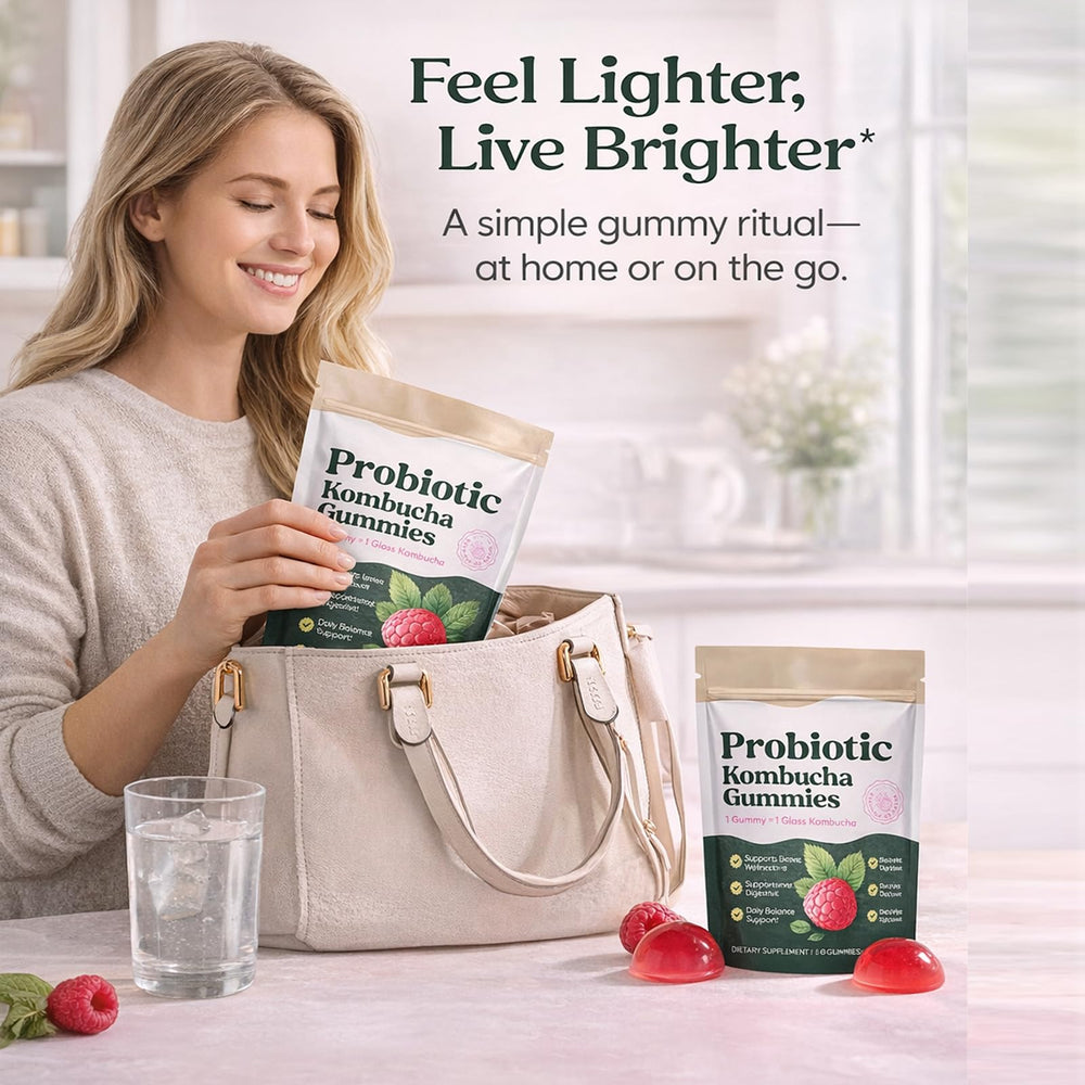 SUUDUUL Probiotic Kombucha Gummies elm bark visuals convey herbal support.