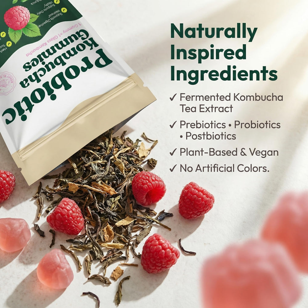 SUUDUUL Probiotic Kombucha Gummies vegan label closeup.
