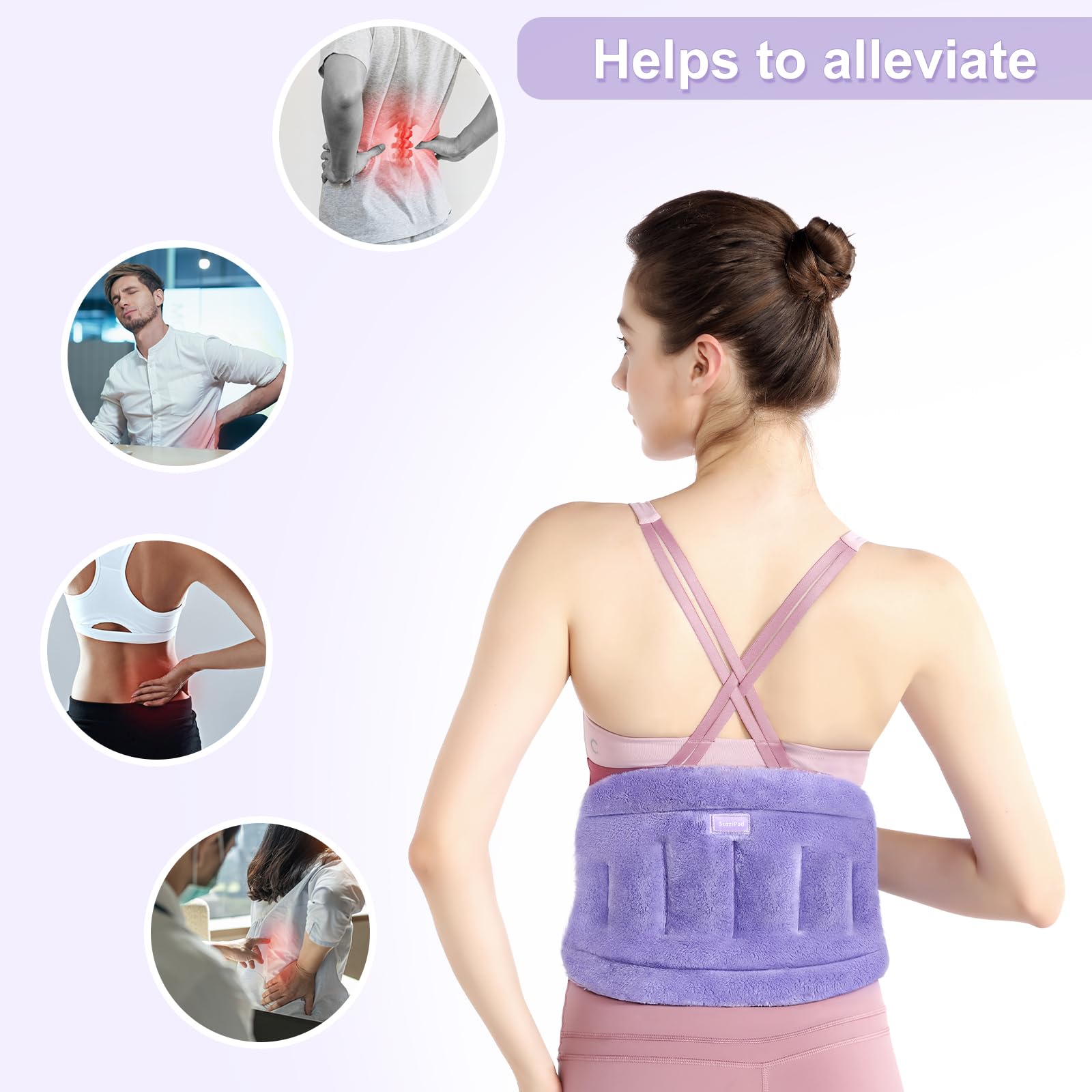 SuzziPad back heat pad on lower back demonstrates ergonomic wear