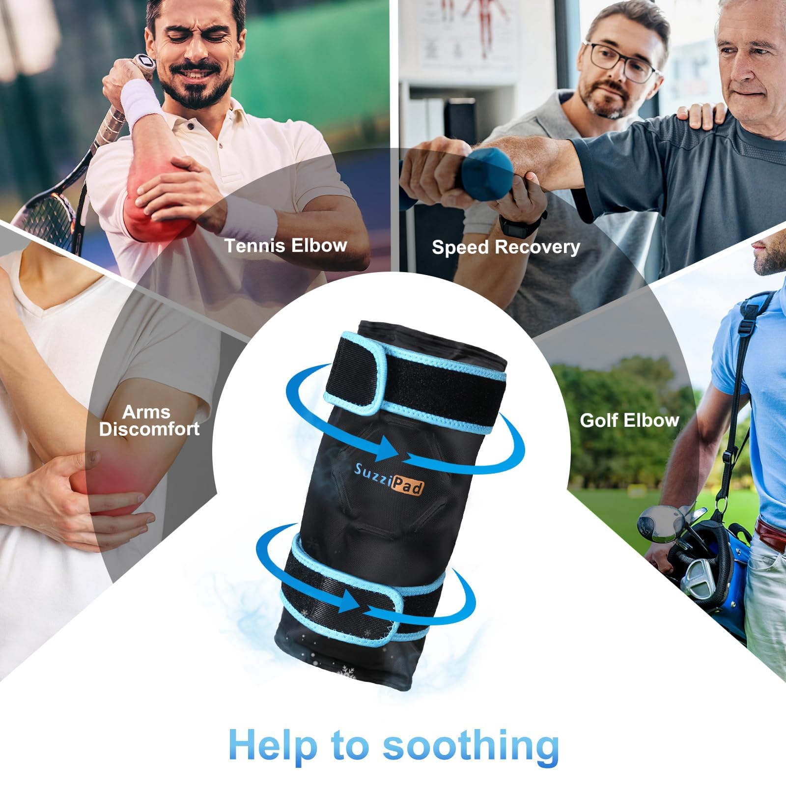 SuzziPad elbow wrap with extra gel enabling longer cooling sessions after activity
