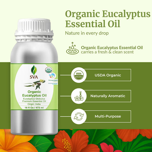 SVA Organic eucalyptus oil label close-up showing product details.
