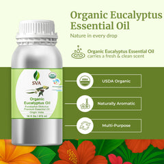 SVA Organic eucalyptus oil label close-up showing product details.