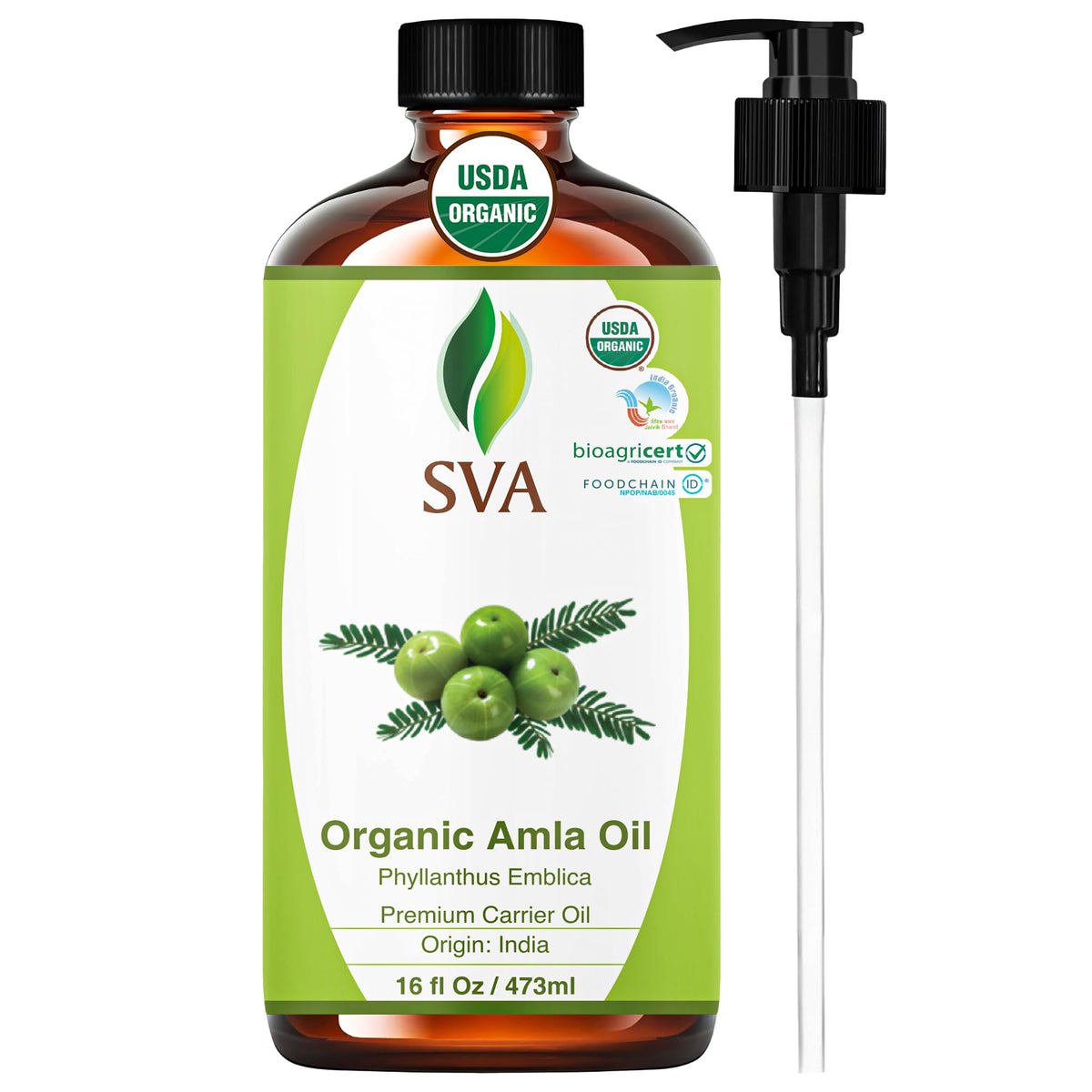 SVA Organics Amla Oil 16oz bottle pour for easy hair and skin use