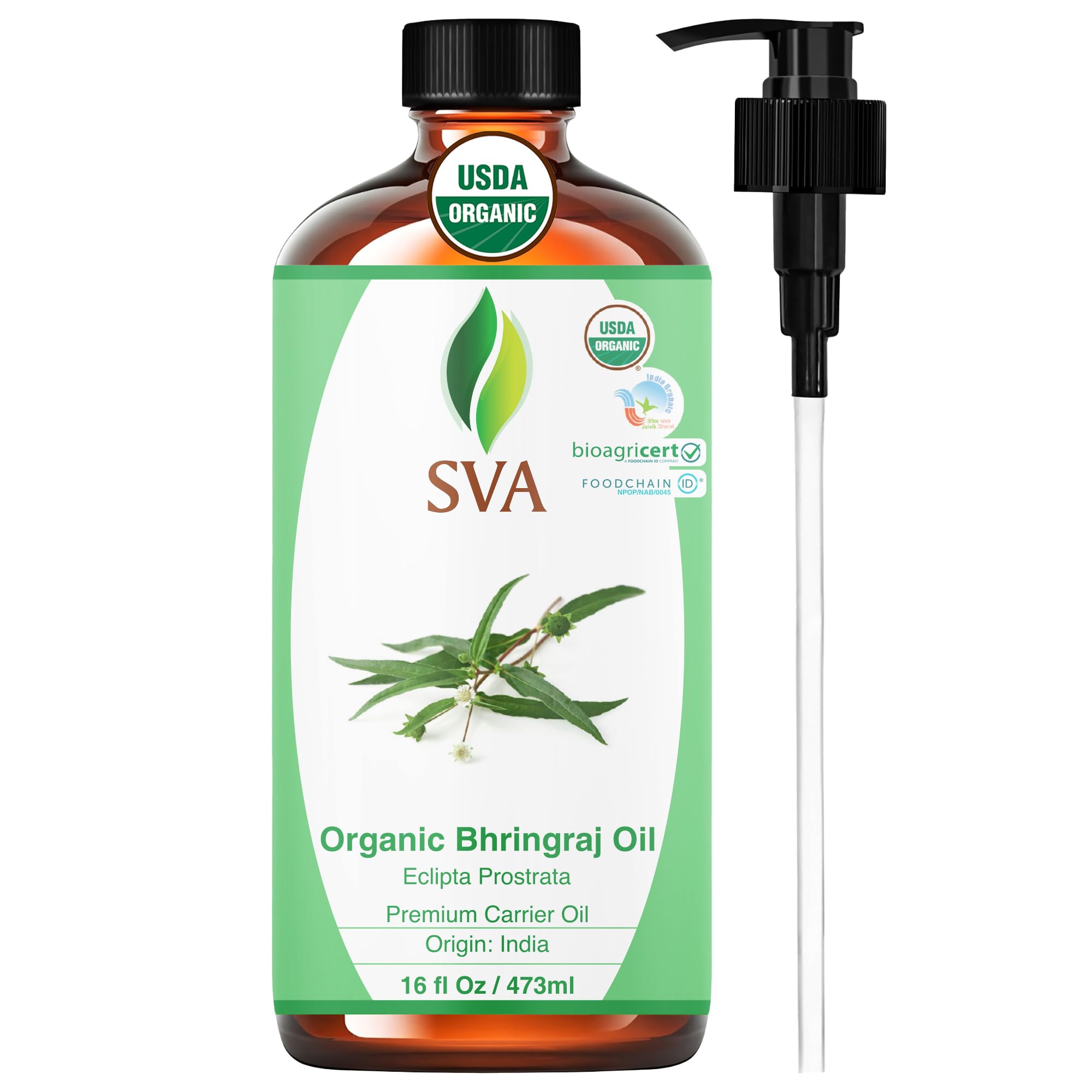 SVA Organic Bhringraj Oil bottle for hair care and scalp nourishment.