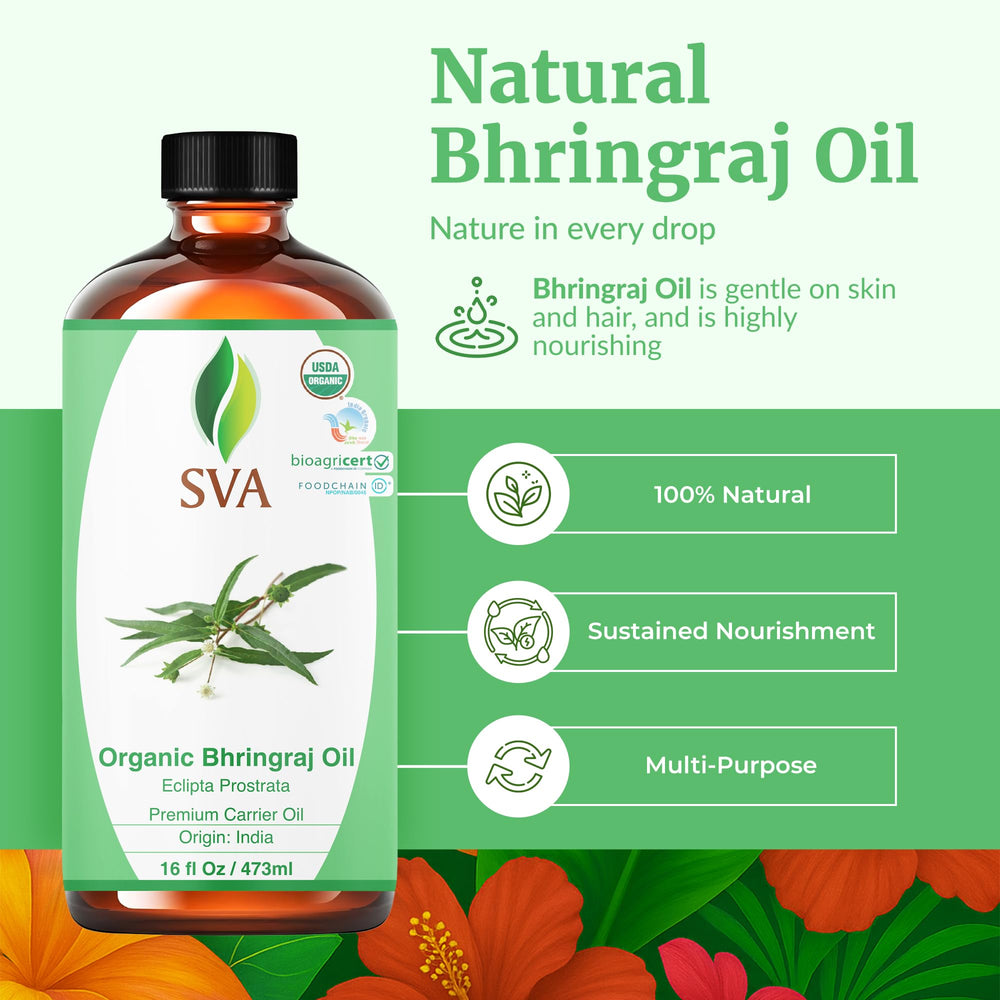SVA Organic Bhringraj leaves image highlighting natural, cold-pressed origin.